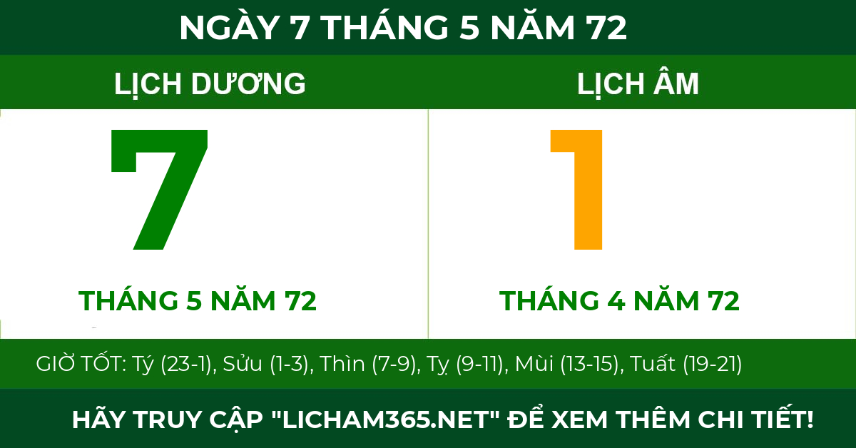 lịch âm ngày 7 tháng 5 năm 72