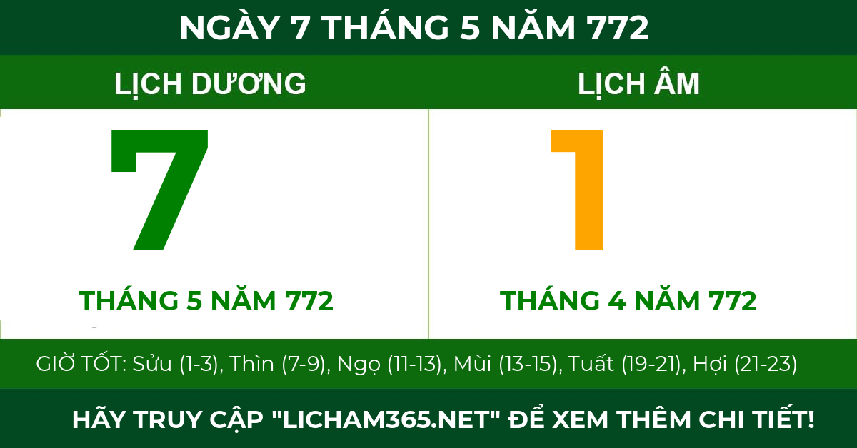 lịch âm ngày 7 tháng 5 năm 772