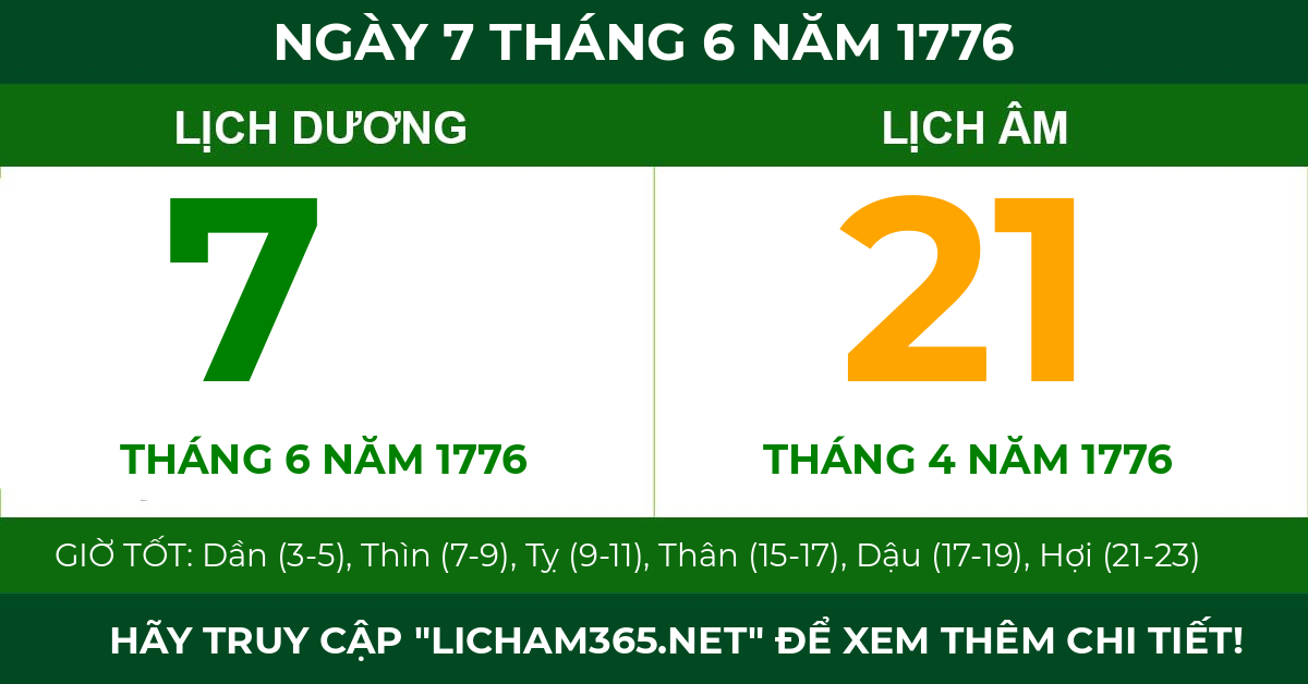 lịch âm ngày 7 tháng 6 năm 1776