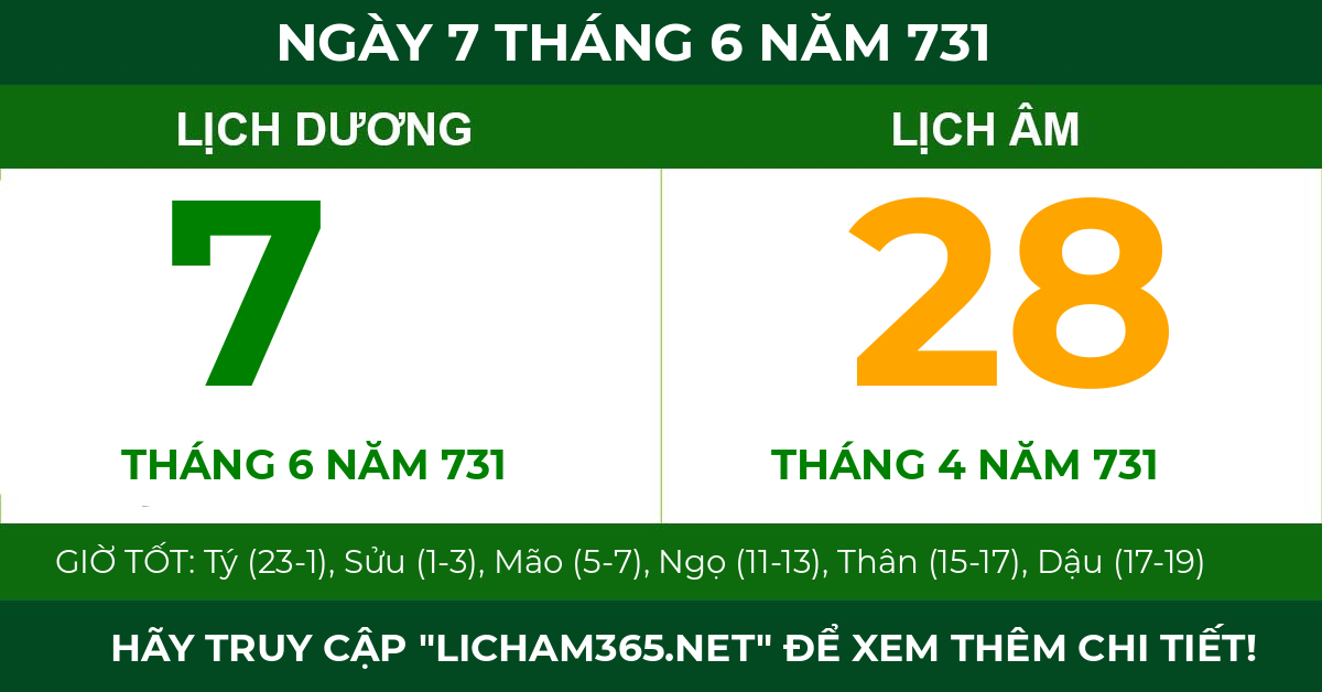 lịch âm ngày 7 tháng 6 năm 731