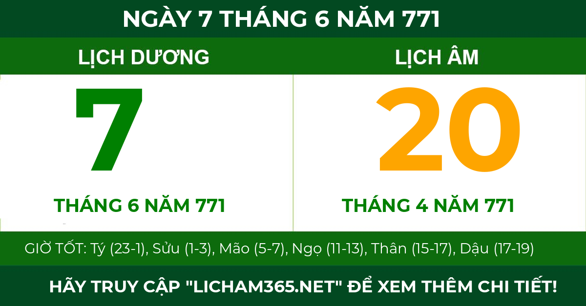 lịch âm ngày 7 tháng 6 năm 771