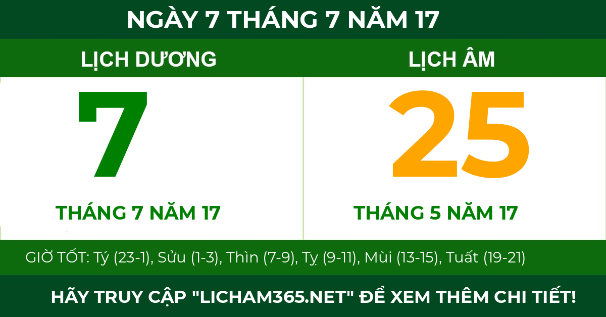 lịch âm ngày 7 tháng 7 năm 17