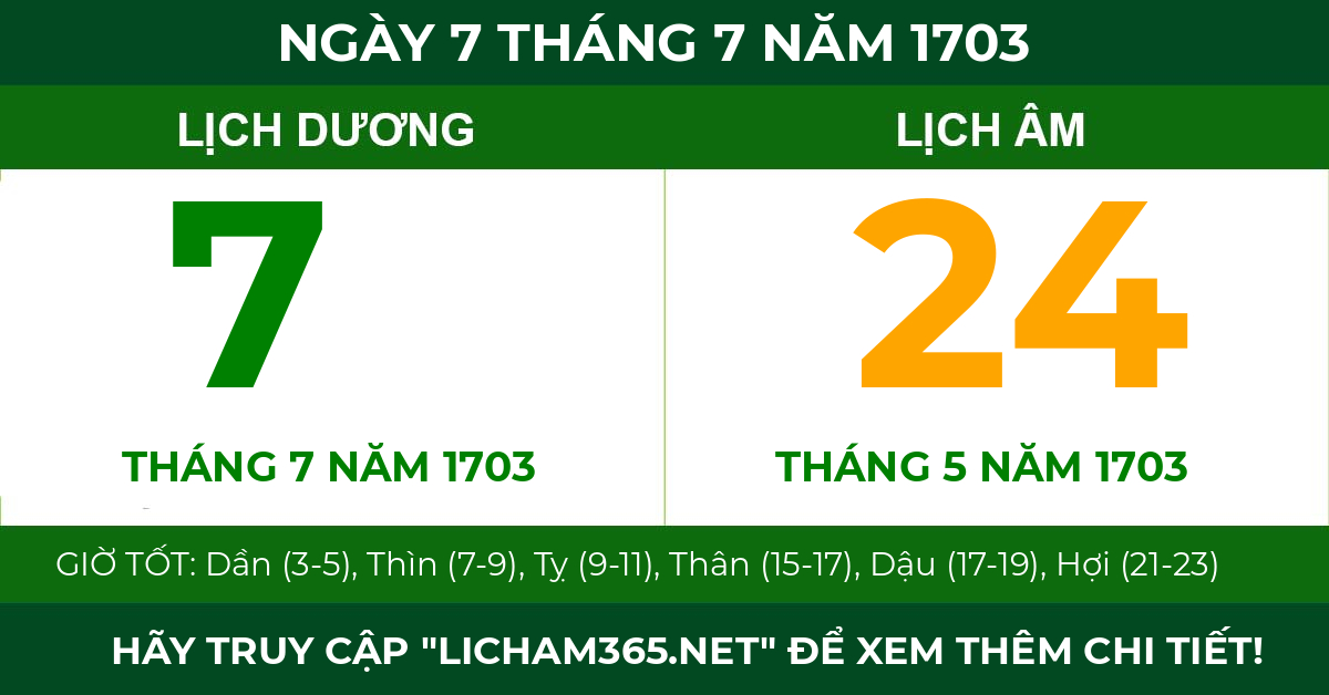lịch âm ngày 7 tháng 7 năm 1703