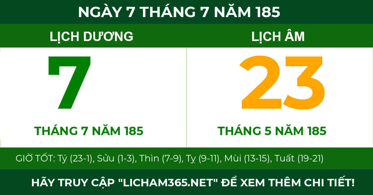 lịch âm ngày 7 tháng 7 năm 185