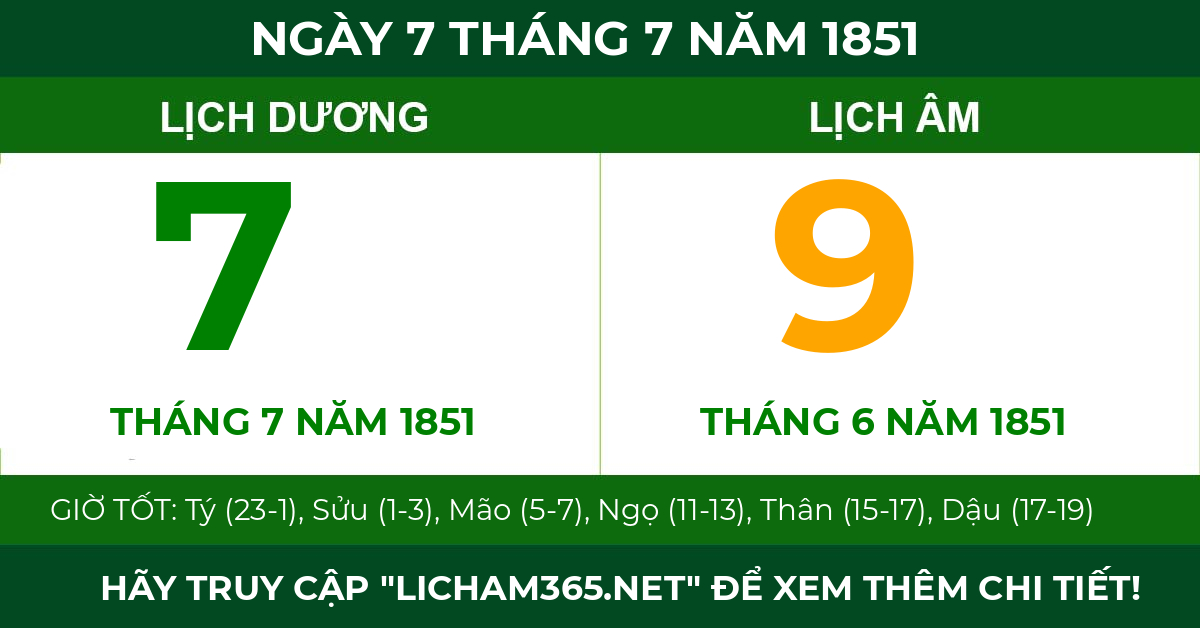 lịch âm ngày 7 tháng 7 năm 1851