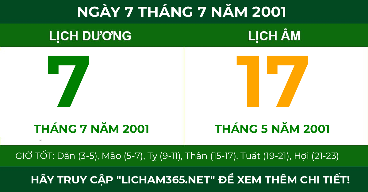 lịch âm ngày 7 tháng 7 năm 2001