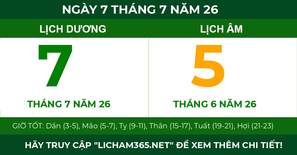 lịch âm ngày 7 tháng 7 năm 26