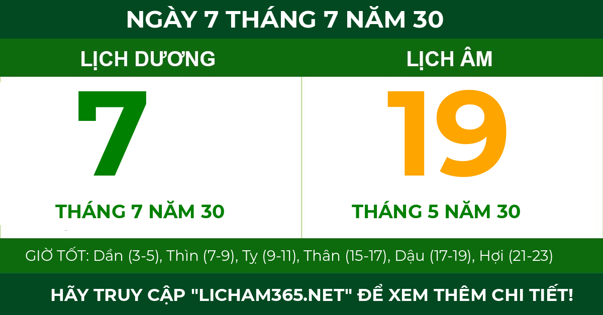 lịch âm ngày 7 tháng 7 năm 30