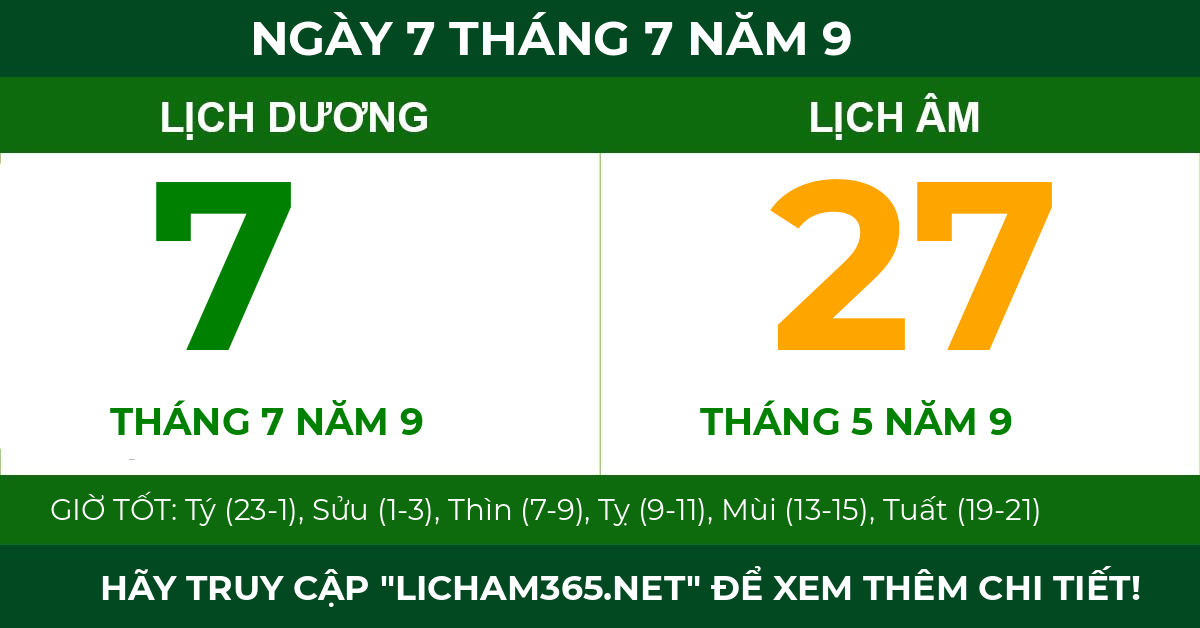 lịch âm ngày 7 tháng 7 năm 9
