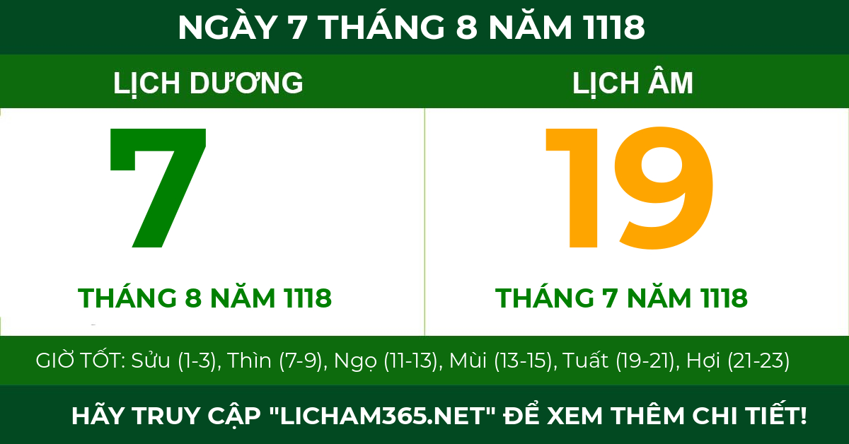 lịch âm ngày 7 tháng 8 năm 1118