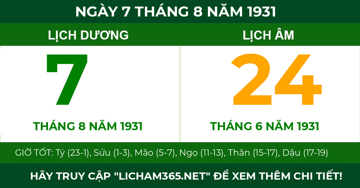 lịch âm ngày 7 tháng 8 năm 1931