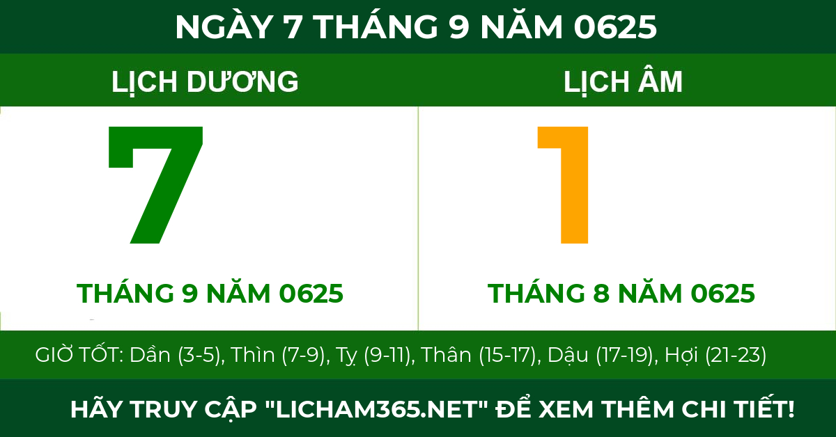 lịch âm ngày 7 tháng 9 năm 0625
