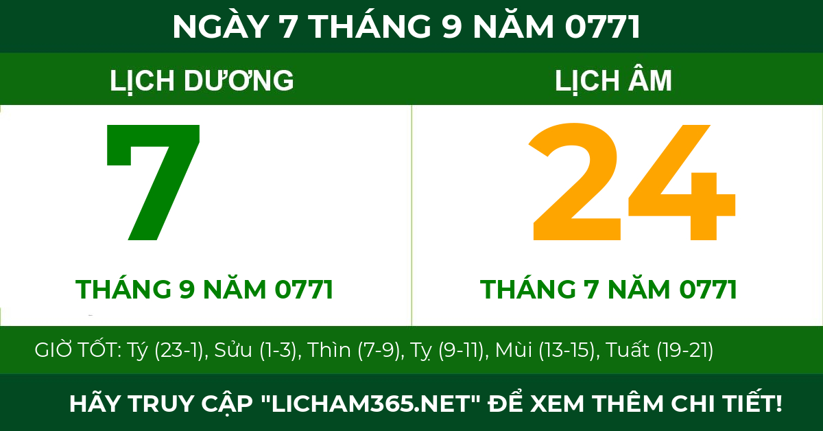 lịch âm ngày 7 tháng 9 năm 0771