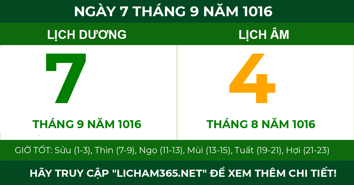 lịch âm ngày 7 tháng 9 năm 1016