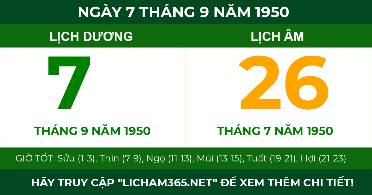 lịch âm ngày 7 tháng 9 năm 1950