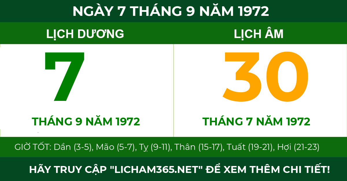 lịch âm ngày 7 tháng 9 năm 1972