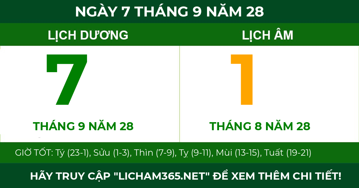lịch âm ngày 7 tháng 9 năm 28