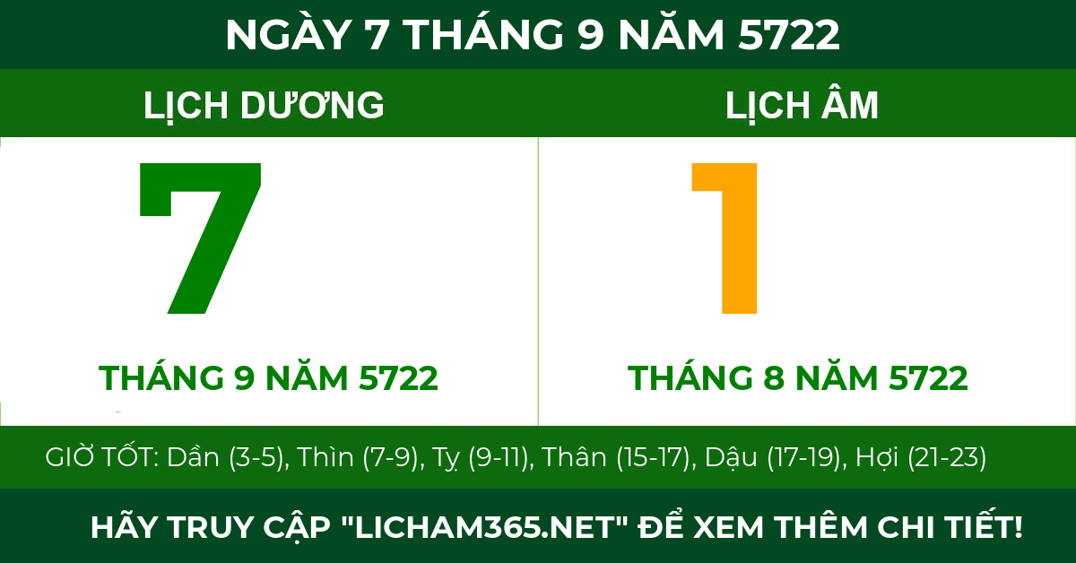 lịch âm ngày 7 tháng 9 năm 5722