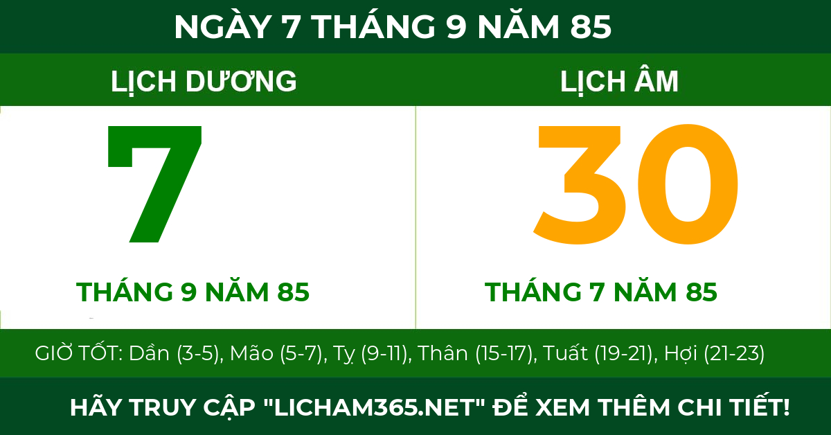 lịch âm ngày 7 tháng 9 năm 85