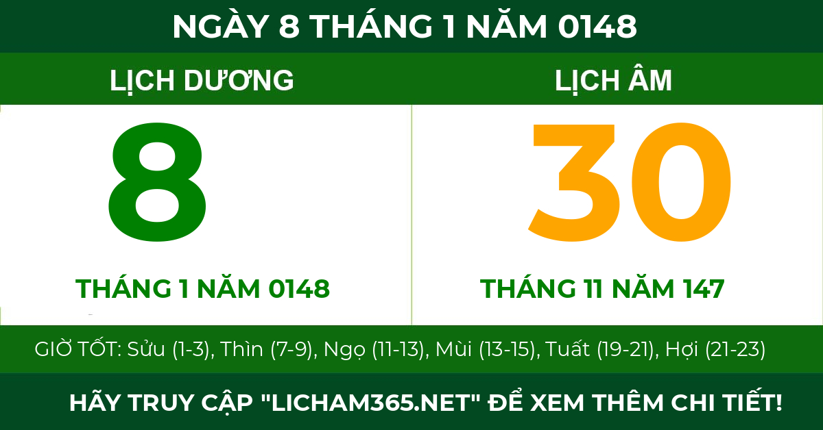 lịch âm ngày 8 tháng 1 năm 0148
