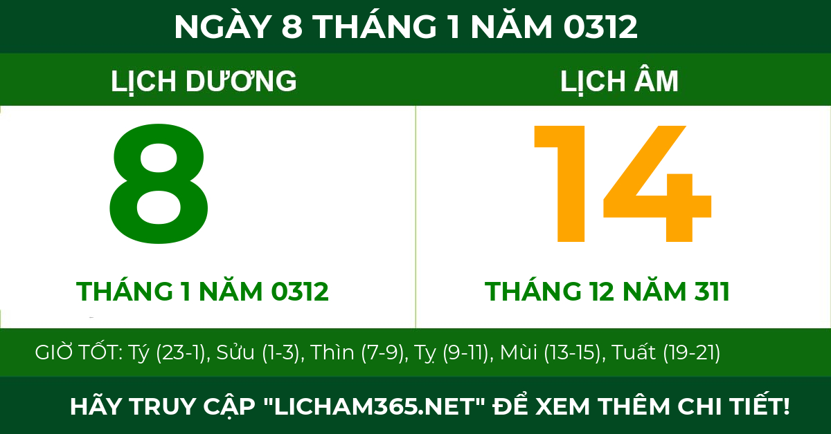lịch âm ngày 8 tháng 1 năm 0312