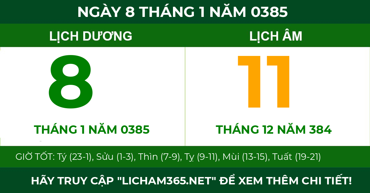 lịch âm ngày 8 tháng 1 năm 0385