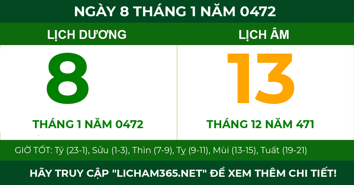 lịch âm ngày 8 tháng 1 năm 0472