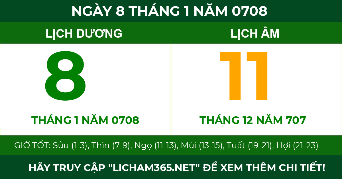 lịch âm ngày 8 tháng 1 năm 0708