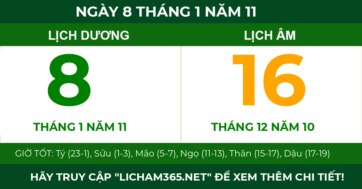lịch âm ngày 8 tháng 1 năm 11