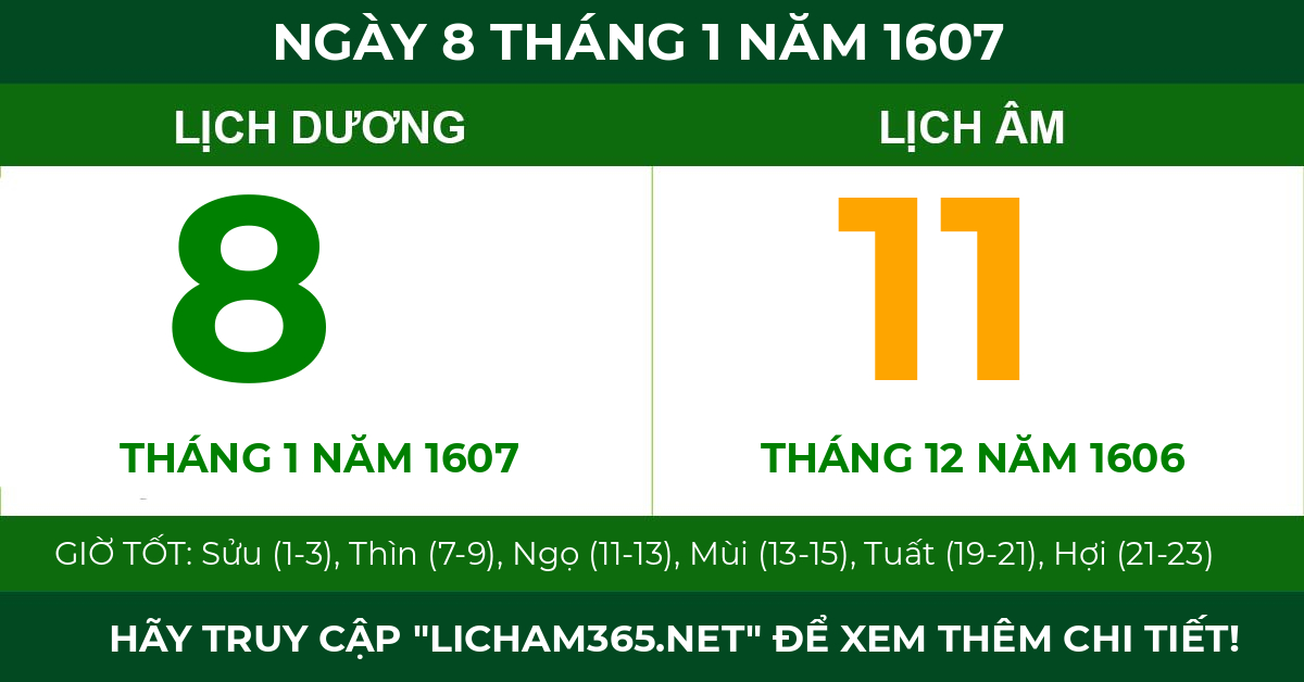 lịch âm ngày 8 tháng 1 năm 1607