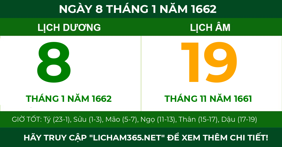 lịch âm ngày 8 tháng 1 năm 1662