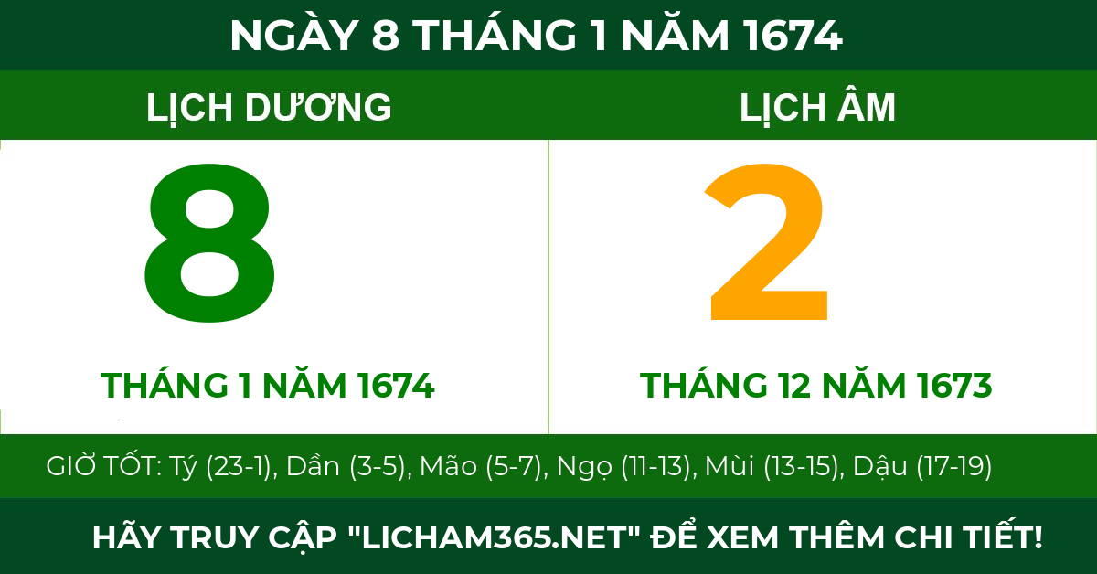 lịch âm ngày 8 tháng 1 năm 1674