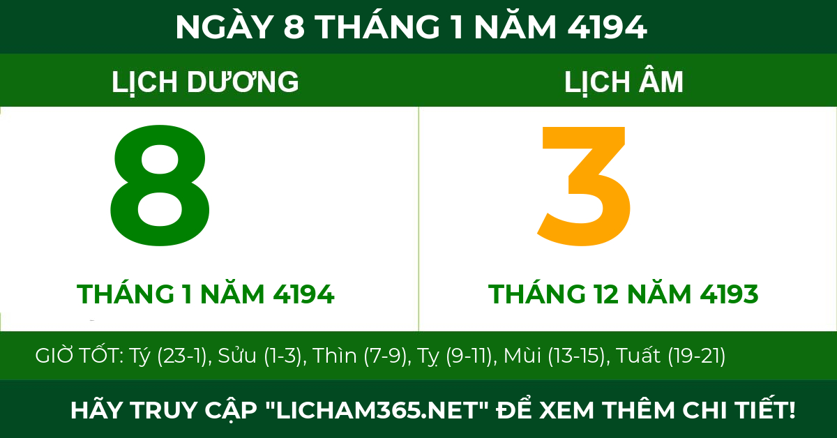 lịch âm ngày 8 tháng 1 năm 4194