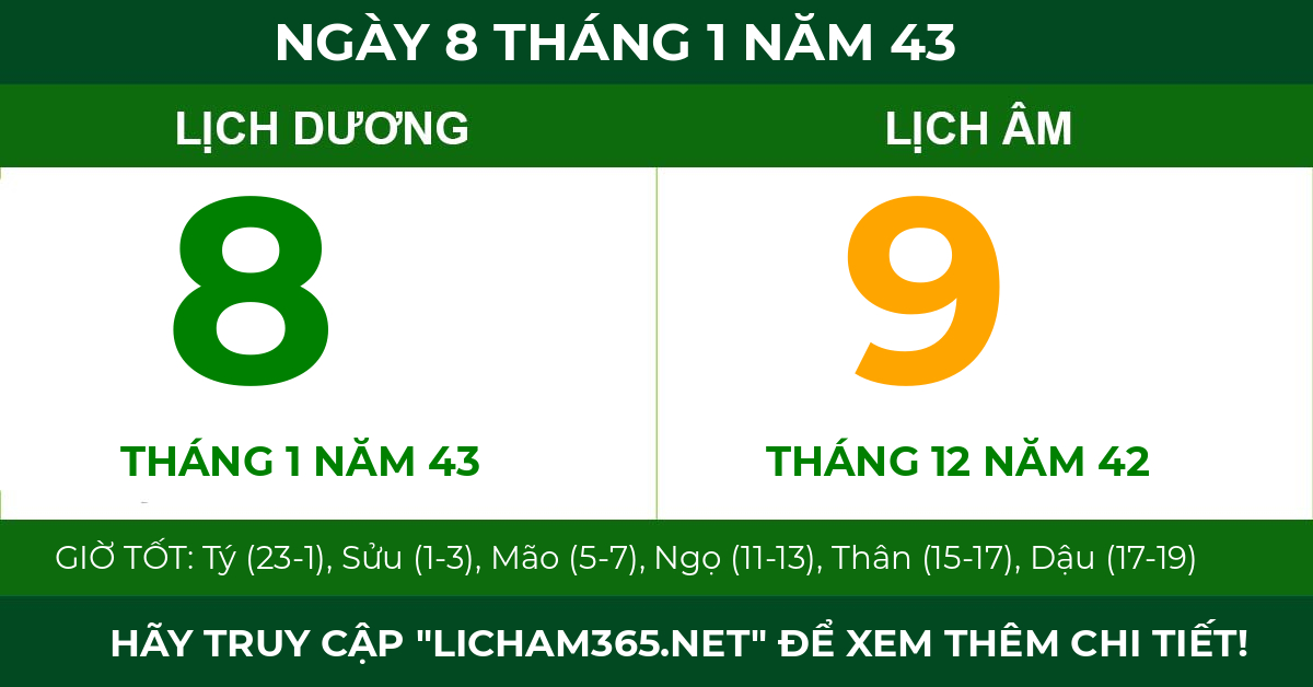 lịch âm ngày 8 tháng 1 năm 43