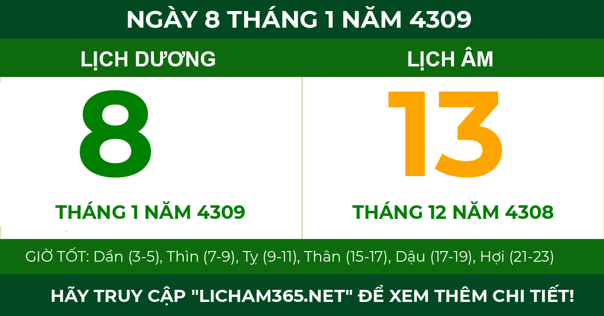 lịch âm ngày 8 tháng 1 năm 4309