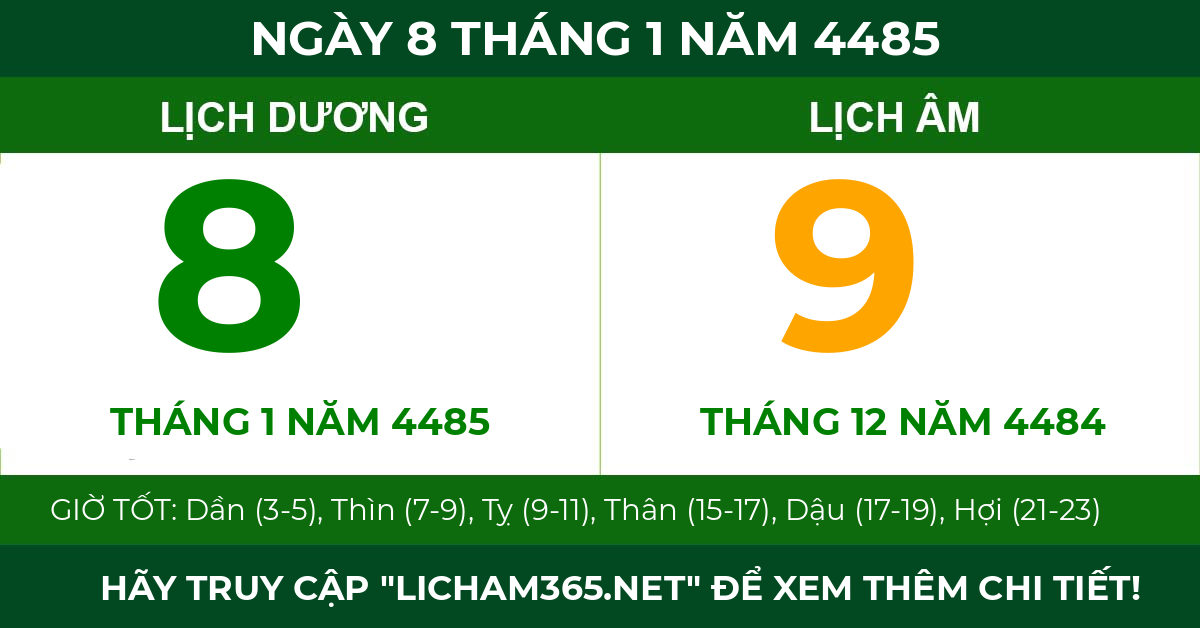 lịch âm ngày 8 tháng 1 năm 4485