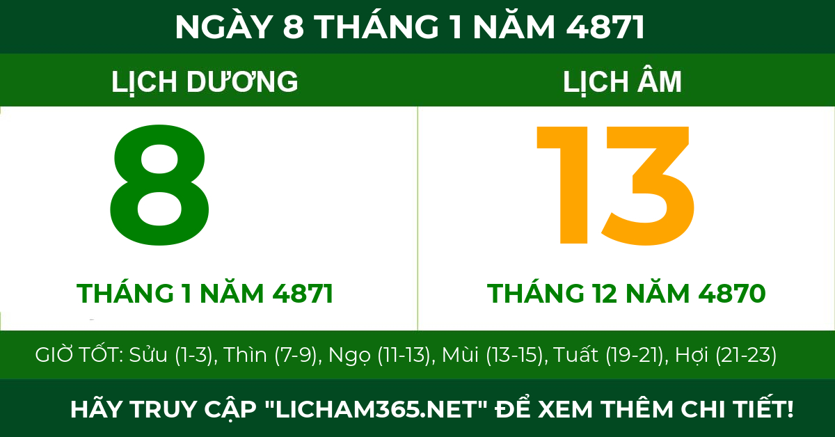lịch âm ngày 8 tháng 1 năm 4871