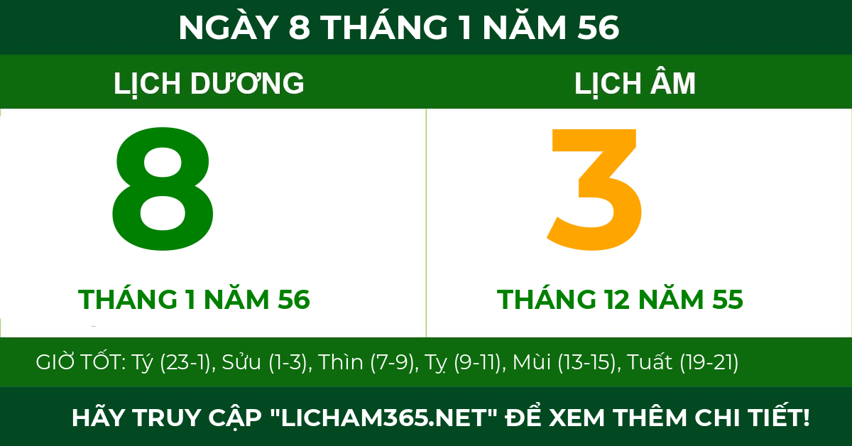 lịch âm ngày 8 tháng 1 năm 56