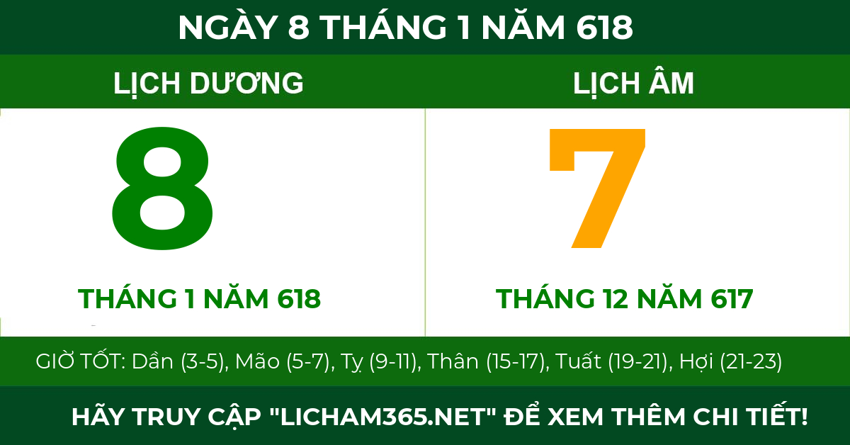 lịch âm ngày 8 tháng 1 năm 618