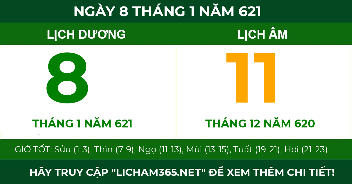 lịch âm ngày 8 tháng 1 năm 621