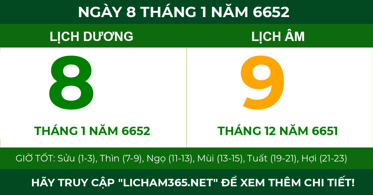 lịch âm ngày 8 tháng 1 năm 6652