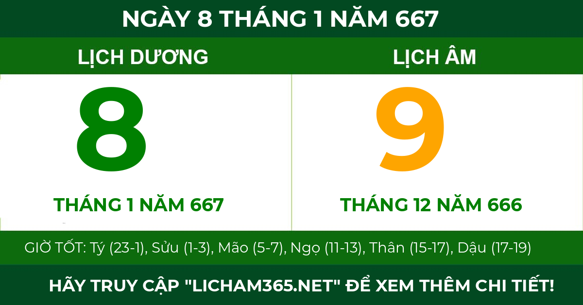 lịch âm ngày 8 tháng 1 năm 667