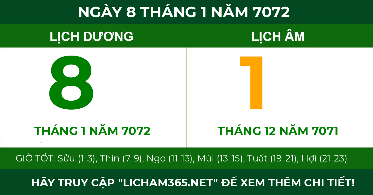 lịch âm ngày 8 tháng 1 năm 7072