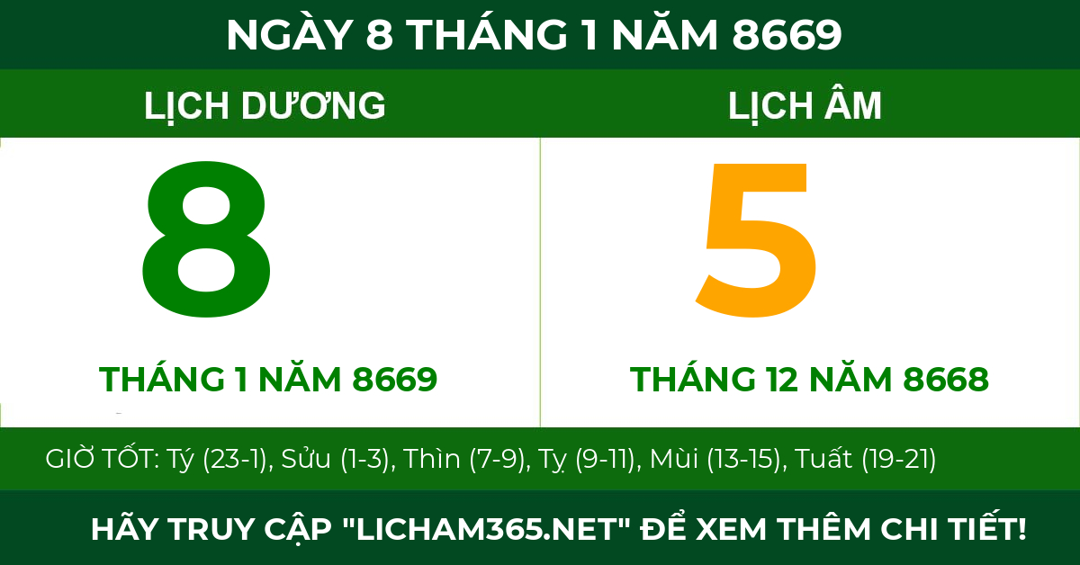 lịch âm ngày 8 tháng 1 năm 8669
