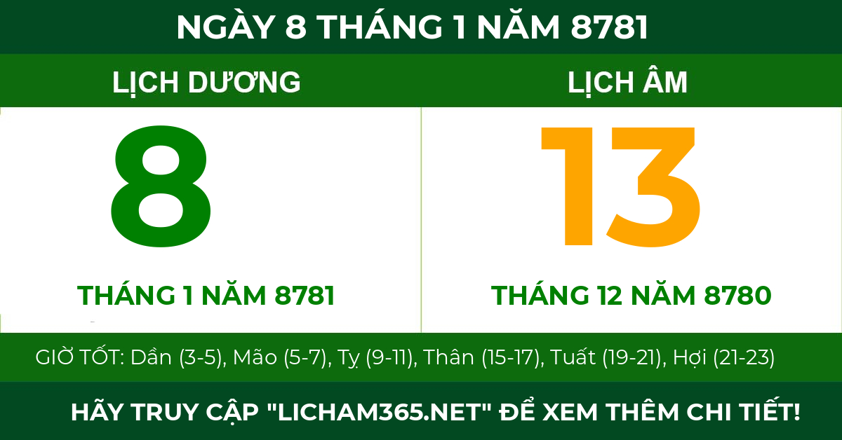 lịch âm ngày 8 tháng 1 năm 8781