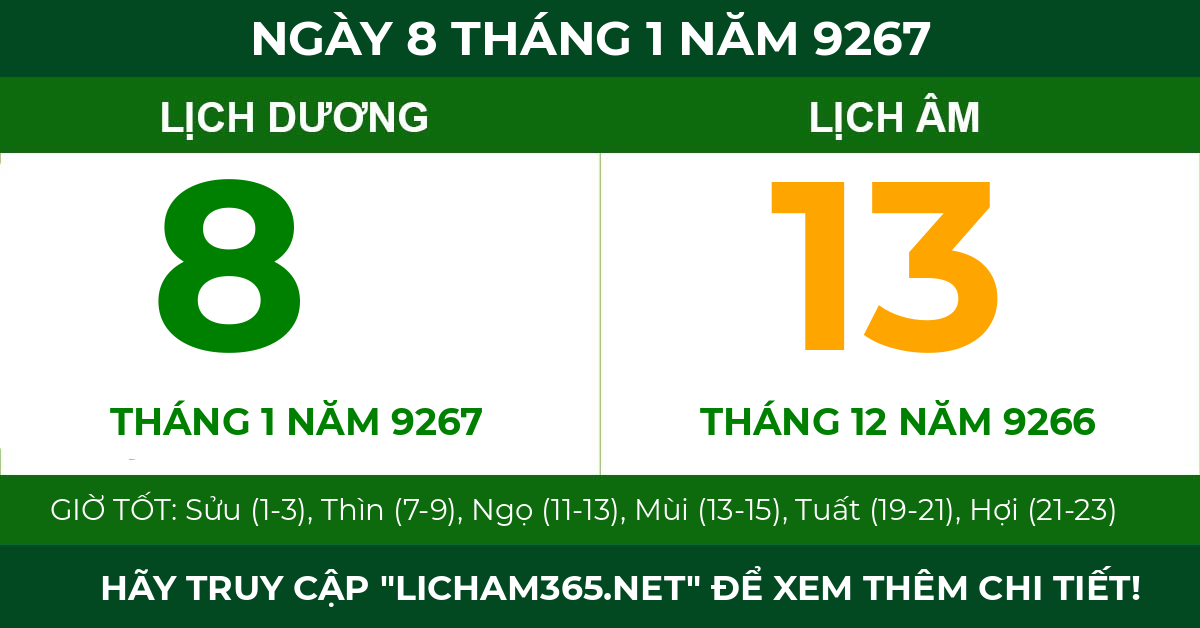 lịch âm ngày 8 tháng 1 năm 9267