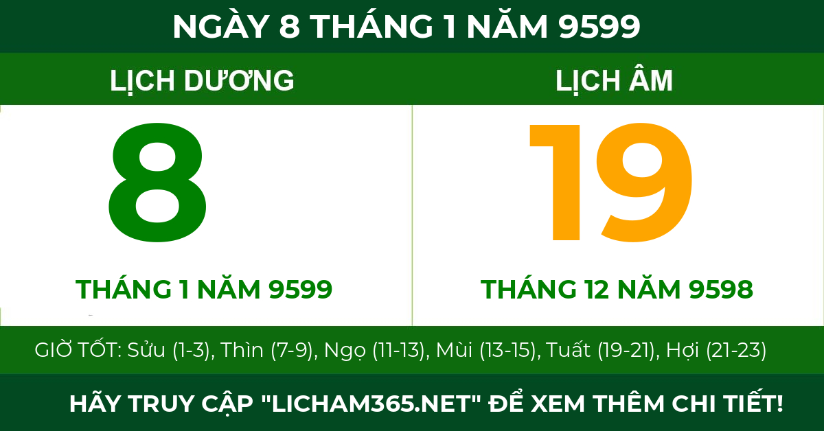 lịch âm ngày 8 tháng 1 năm 9599