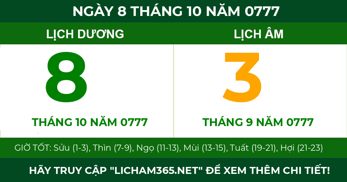 lịch âm ngày 8 tháng 10 năm 0777