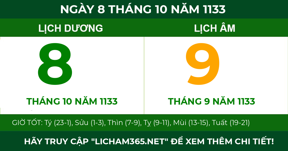 lịch âm ngày 8 tháng 10 năm 1133
