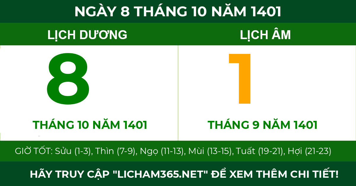 lịch âm ngày 8 tháng 10 năm 1401